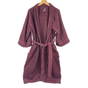 Nautica Mens Burgundy 100% Cotton Terry Cloth Waffle Knit Bathrobe One Size